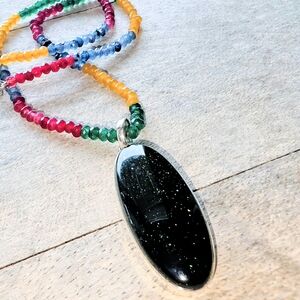 Green Sunstone Pendant in 925 Sterling Silver (2.15") w/ Mixed Gemstone Chain